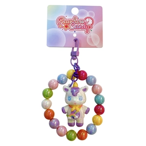 Cute beaded unicorn keychain with colorful pearlescent beads and decorative card.