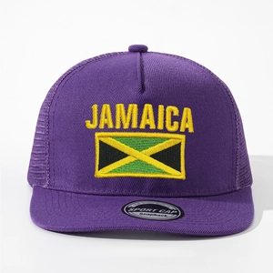 Purple Jamaica flat brim snapback trucker hat with yellow embroidery and mesh back
