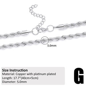 Detail of 5mm silver twist rope chain necklace made of platinum-plated copper with lobster clasp