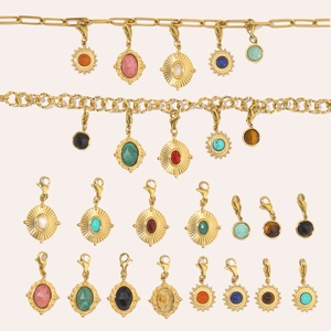Gold stainless steel jewelry set with sunburst natural stone pendants and lobster clasps