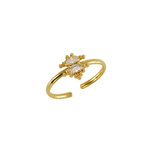 Gold stainless steel open ring featuring dual marquise zircon stones and beaded details