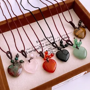 Heart Pendant Necklace Natural Stone Hand Woven Braided Rope Adjustable Long Sweater Chain Retro Jewelry For Women