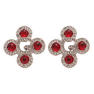 Vintage silver letter G stud earrings with red gemstones and sparkling rhinestones