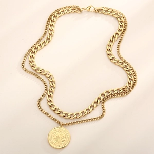 Retro gold chunky Cuban link double-layer necklace with Saint Benedict portrait pendant