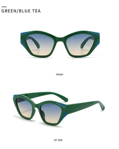 Detail view of green cat eye sunglasses with blue tea gradient lenses and wavy temples
