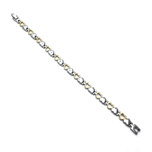 Polished heart-shaped chain links in silver and gold two-tone finish with fold-over clasp
