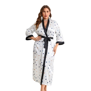 Women's white satin long sleepwear robe with colorful heart prints and black trim ties