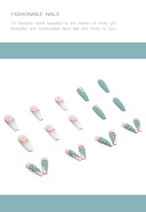 Détails de 24 faux ongles cercueil avec motifs à carreaux verts, perles et strass brillants
