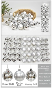 Detail view of 6cm silver Christmas ball set with matte, glossy and mirror finish textures