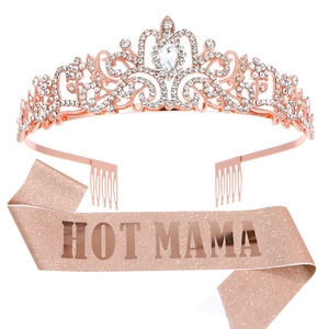 Rose gold Hot Mama sash and crystal rhinestone crown tiara set for Mother's Day party