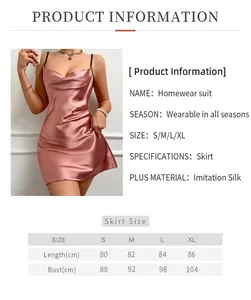 Size chart and dimensions for the pink imitation silk backless slip nightgown