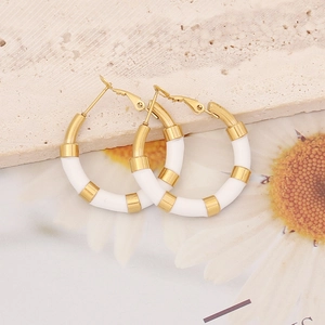 Exaggerated golden and white enamel round stainless steel hoop earrings in minimalist style