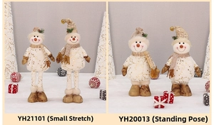 Comparison of two fabric snowman dolls with gold prints and festive knit accessories