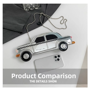 Mini car-shaped silver mirror crossbody bag with checkerboard trim and chain strap