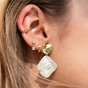 S925 silver needle drop earrings with colorful zircon and baroque pearl tassel in gold