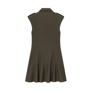 Army green sleeveless dress with shoulder pads and ruffled hem, back view on white background
