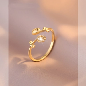 Minimalist gold tulip open ring with leaf design and sparkling zircon stone for women