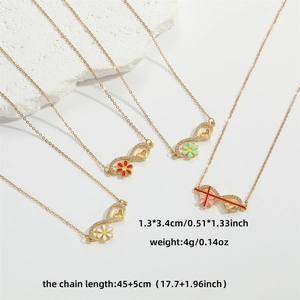 Gold-plated stainless steel heart flower necklaces in white red cyan and pink oil drip finish