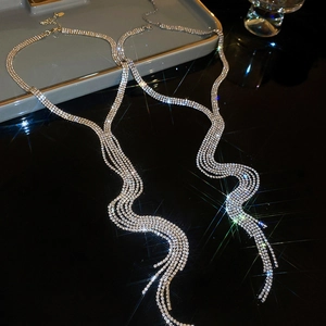 Elegant multi-layer rhinestone fringe choker necklace with sparkling silver finish for women
