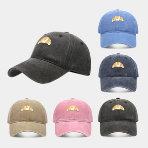 Washed Cotton Baseball Cap Croissant Embroidery Adjustable Sun Protection Outdoor Casual Dad Hat For Men Women