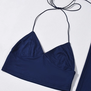 Detail view of navy blue halter crop top featuring slim straps and a deep V-neckline style