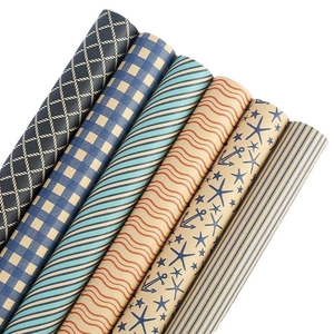 Set of 6 assorted nautical blue plaid and stripe kraft wrapping paper rolls for gifts