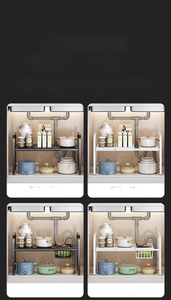 Detail view of adjustable under-sink storage rack showing single-tier black and white options