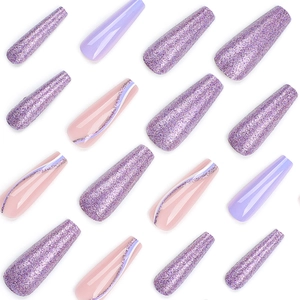 Purple glitter and solid color long ballerina press on nails with wave line art designs