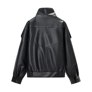 Back view detail of black faux leather jacket showing textured pu material and stand collar