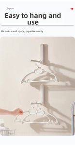 Wall-mounted white clothes hanger organizer with multi-layer hooks and adhesive backing