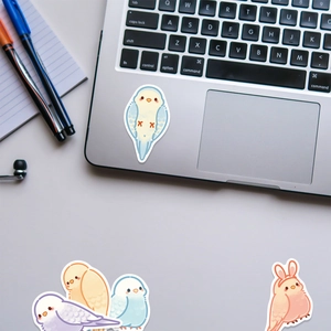 Dettaglio di simpatici adesivi di pappagalli impermeabili su laptop e taccuino