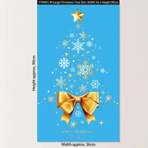 Golden Christmas tree wall sticker with bow and snowflakes, large size 56x90cm