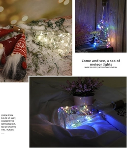 Detail of warm white and colorful LED copper wire string lights in glass bottle with cork