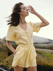 Ensemble Femme Coton Lin Chemise Manches Courtes Col V Bouton Et Short Bordure Festonnée Été Vacances Décontracté