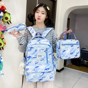 Three-piece school backpack set with blue camouflage pattern, lunch bag and pencil case