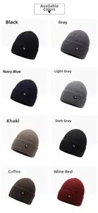 Détail montrant des bonnets en tricot en huit couleurs avec écussons brodés ny