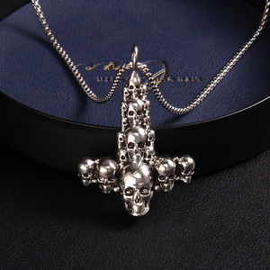 Gothic silver skull cross pendant necklace made of stainless steel in jewelry box