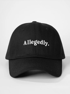 Close-up of white Allegedly embroidery on a black cotton canvas baseball cap