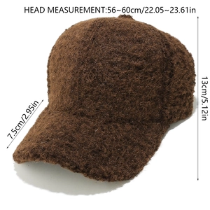 Detailed size chart for dark brown plush baseball cap with dimensions and circumference