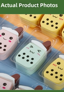 Detailed view of bubble tea shaped makeup sponges with cute cartoon faces and bases