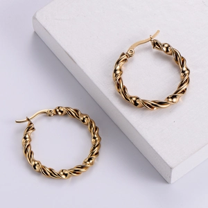 Golden twisted rope hoop earrings for women with high-shine metallic finish