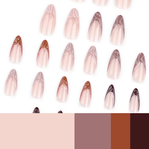 Faux ongles amande marron avec motifs de vagues françaises et palette de tons terre