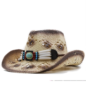 Chapeau de cowboy en paille de style western avec perles turquoise et tissage ajouré
