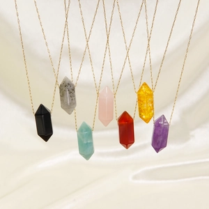 Natural Stone Hexagonal Column Pendant Necklace Stainless Steel Chain Minimalist Crystal Jewelry For Women