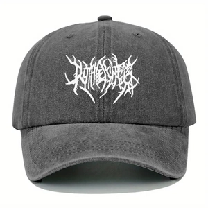Detailed texture of charcoal grey washed cotton baseball cap with gothic white art logo