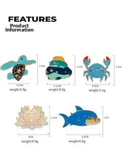 Size chart for colorful cartoon enamel pins showing dimensions and weights of various animal designs