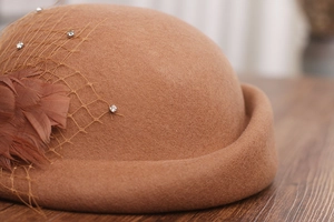 Close-up of wool felt pillbox hat with elegant feathers, mesh veil and rhinestones