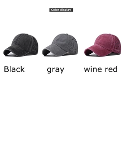 Three-color set of washed cotton ponytail caps in black, gray, and wine red