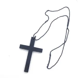 Minimalist black wooden cross necklace with matching beaded chain for men and women