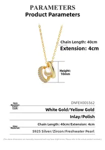Detailed spec view of 925 silver gold necklace with freshwater pearl and zircon pendant
